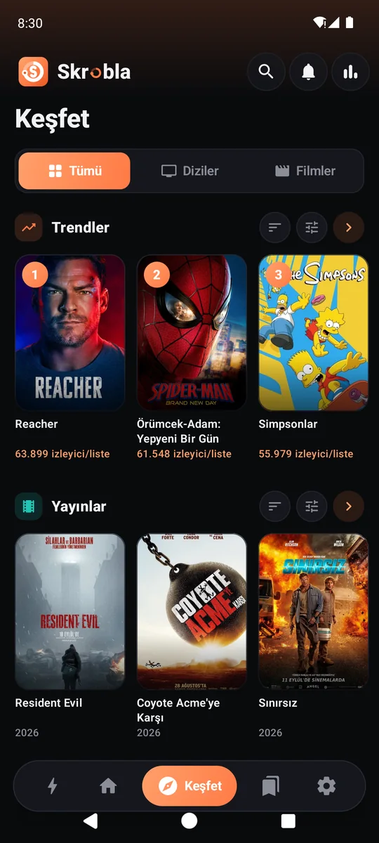 Keşfet ekranı: trendler ve yeni yayınlar