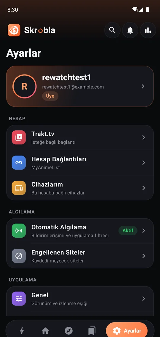 Skrobla Android Ayarlar ekranı